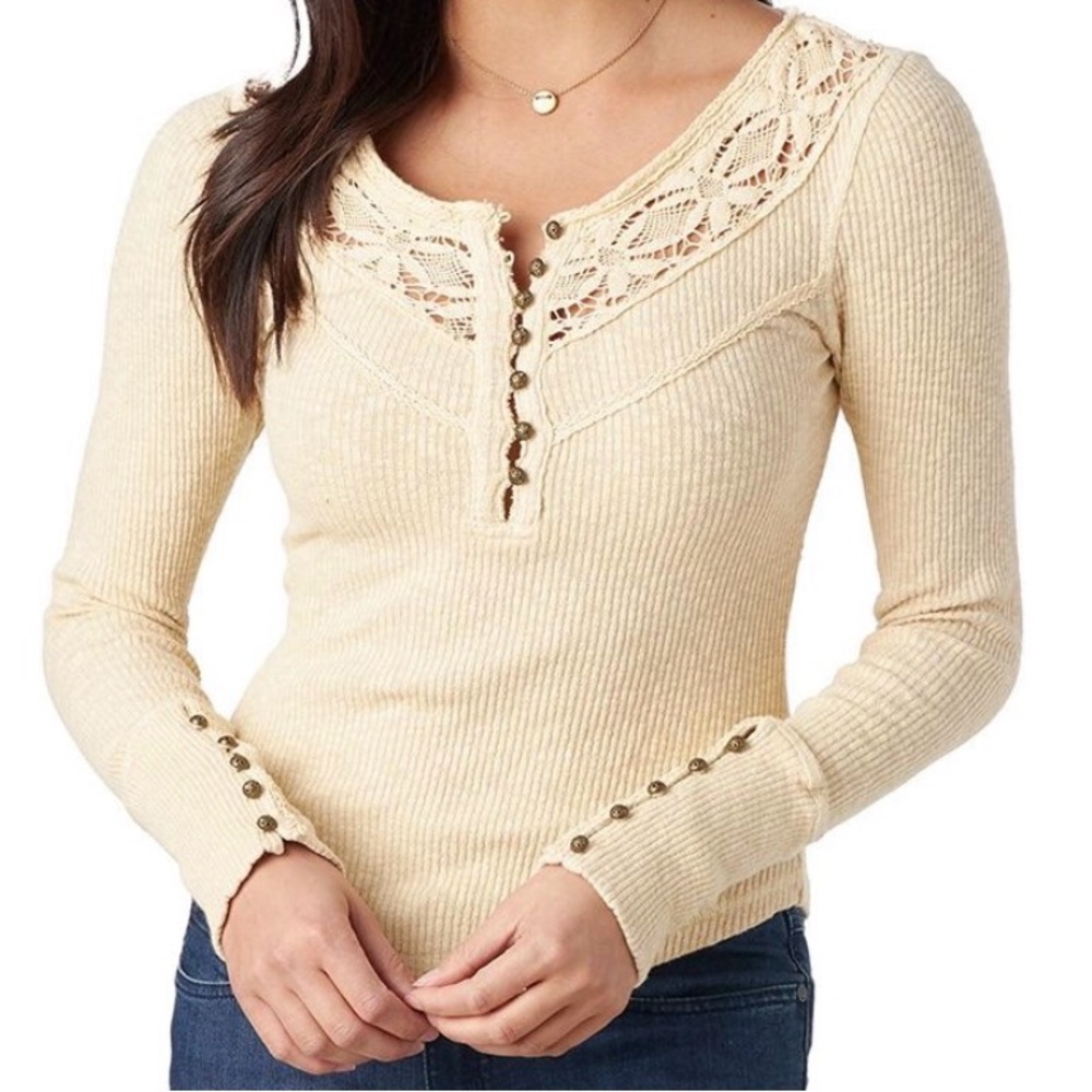 Free People Come On Over Henley - Tan/Cream color - Picture 3 of 4